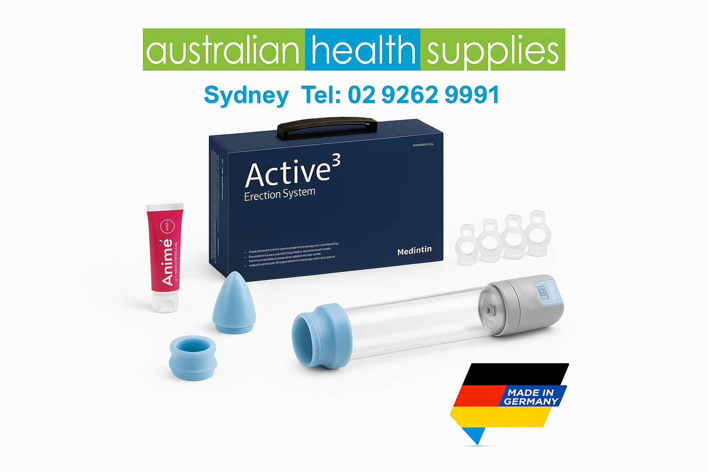 Active³ product with Australian Health Supplies logo and Made in Germany logo